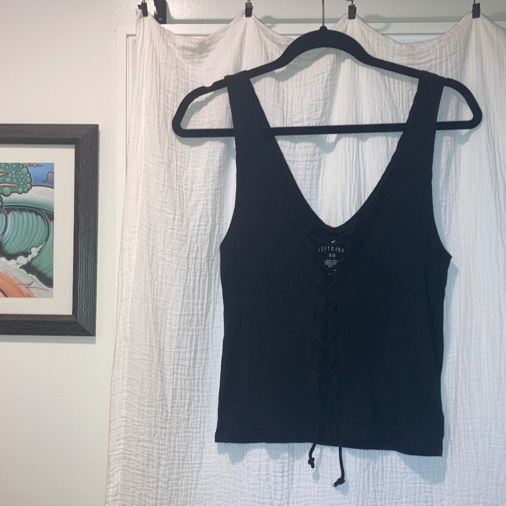American Eagle outfitters Soft & Sexy black rib lace-up front tank top size med